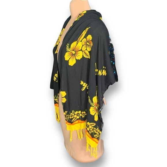 Hawaiian Sarong Wrap Scarf Black Yellow Floral Aloha Fringe Beach Swim Coverup - Picture 3 of 10